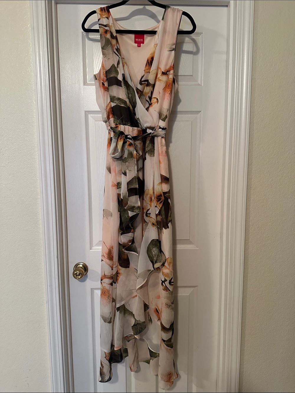 Floral Wrap Maxi Dress in White and Green with Blush Accents